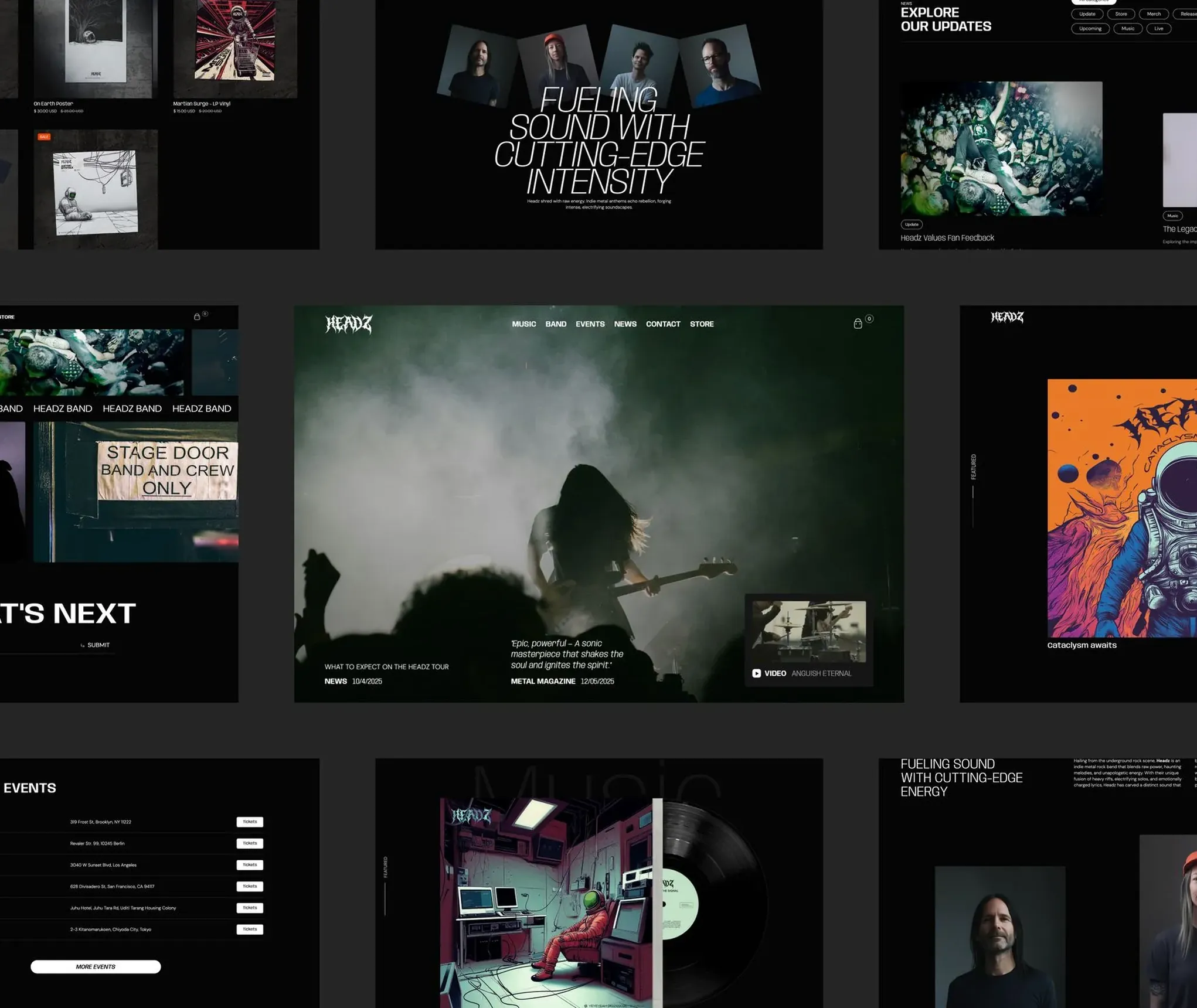 Mosaïque des pages du site Headztone sur fond noir