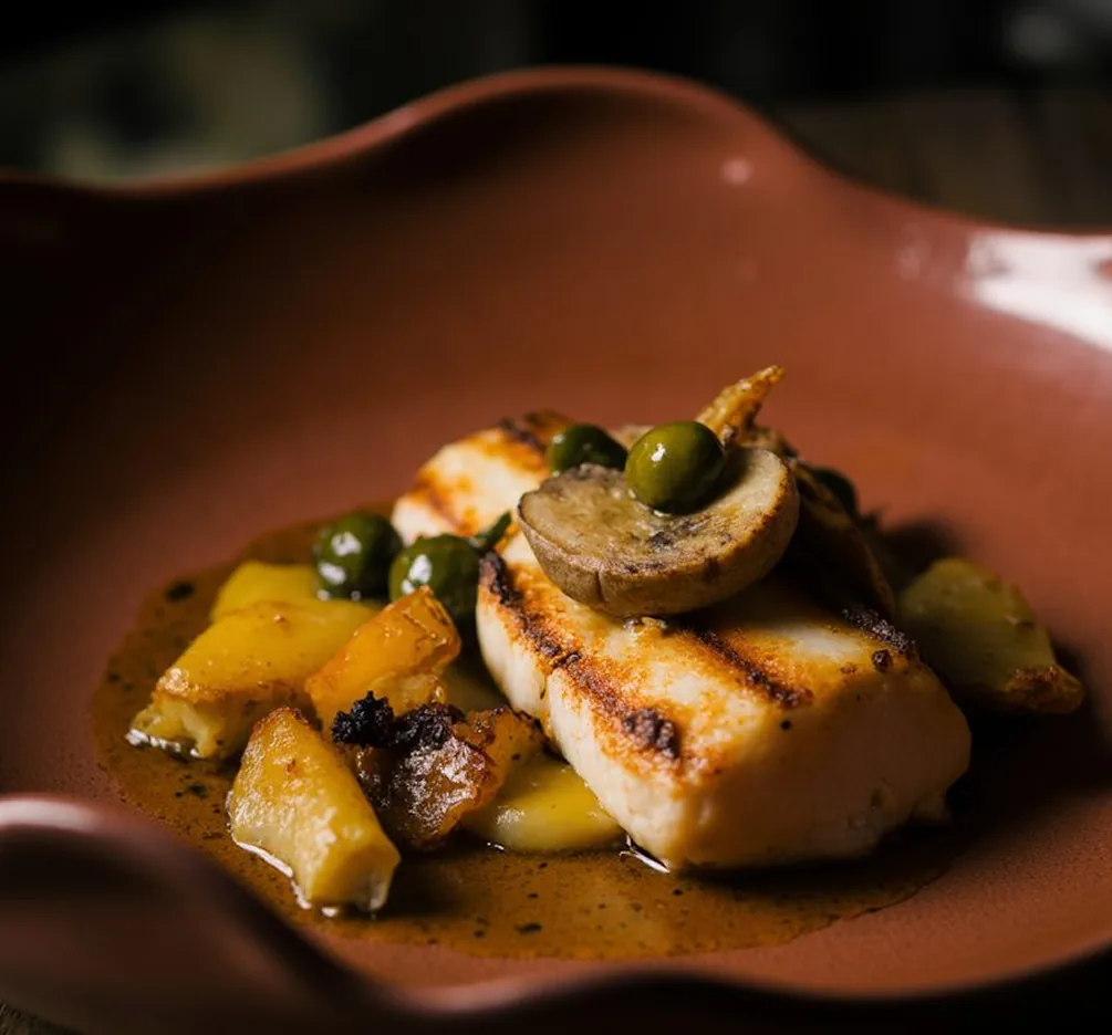 Poisson grillé et légumes rôtis dans une assiette en terre cuite