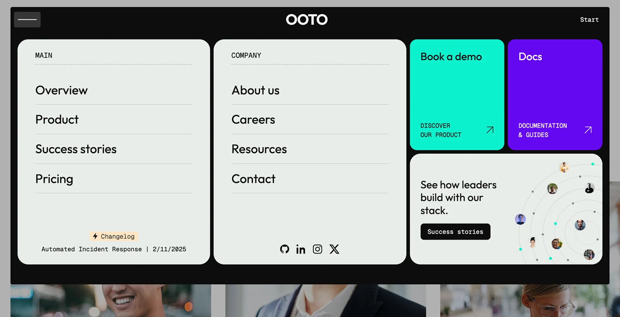 Menu de navigation déroulant du site Ooto