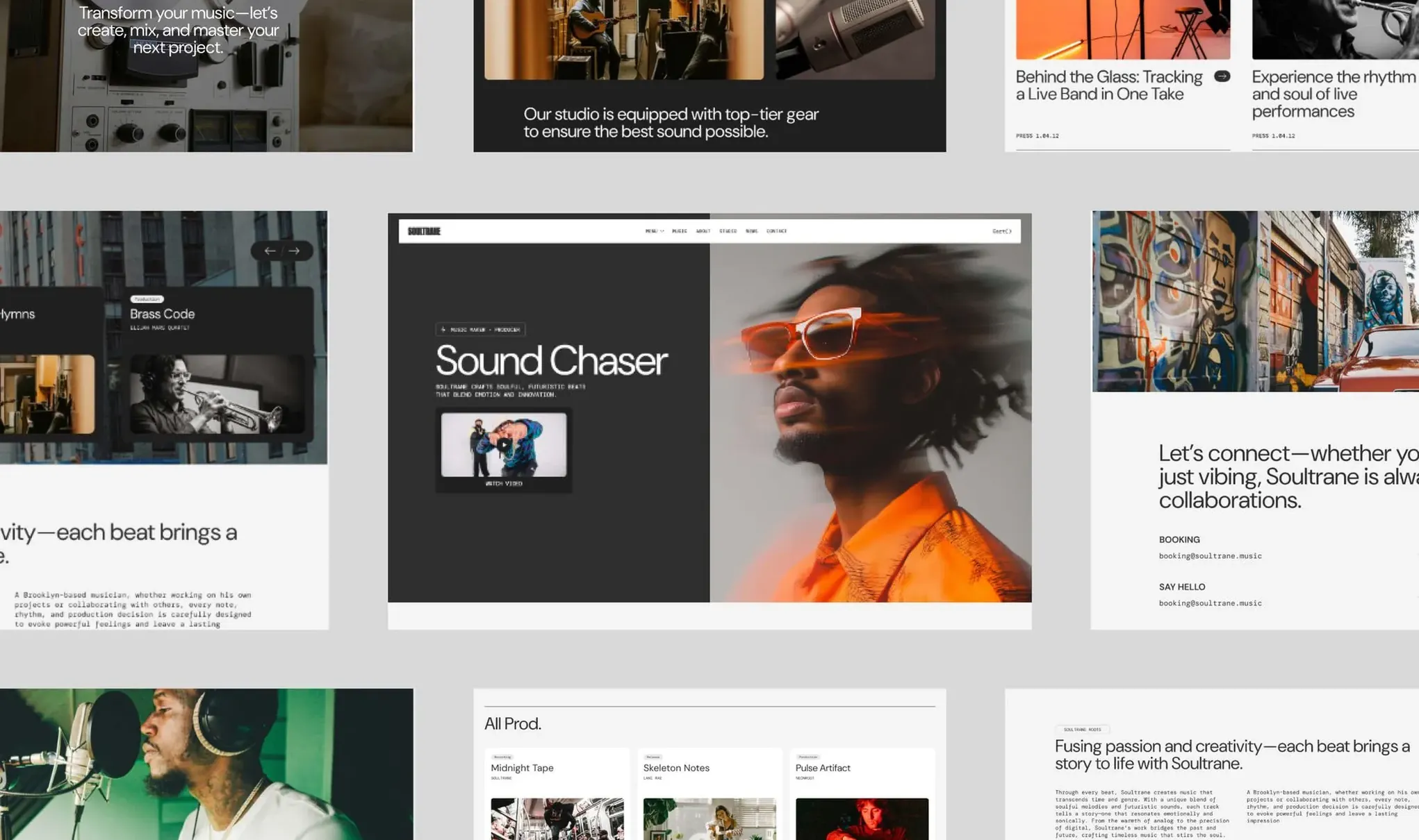 Mosaïque des pages du site Soultrane : studio, productions et contact